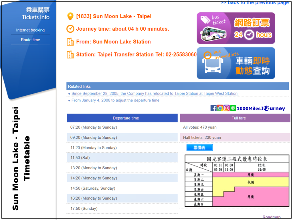 Sun Moon Lake to Taipei Timetable